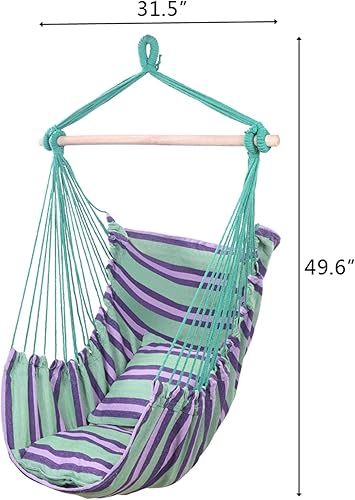Miniatura 6 de Silla hamaca colgante de cuerda con 2 almohadas, cómodo y duradero, asiento de columpio con diseño de rayas, para interiores, exteriores,