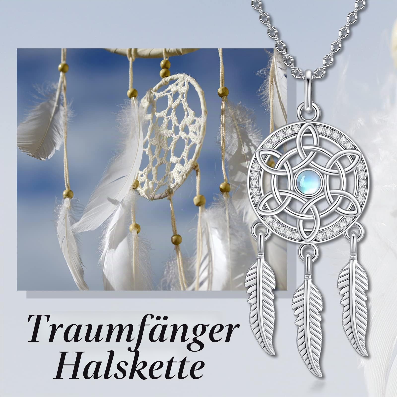 VONALA Traumfänger Halskette 925er Sterlingsilber Boho Anhänger | Keltischem Knoten Mondstein Schmuckgeschenk Boho Feder Geschenk für Frauen Damen