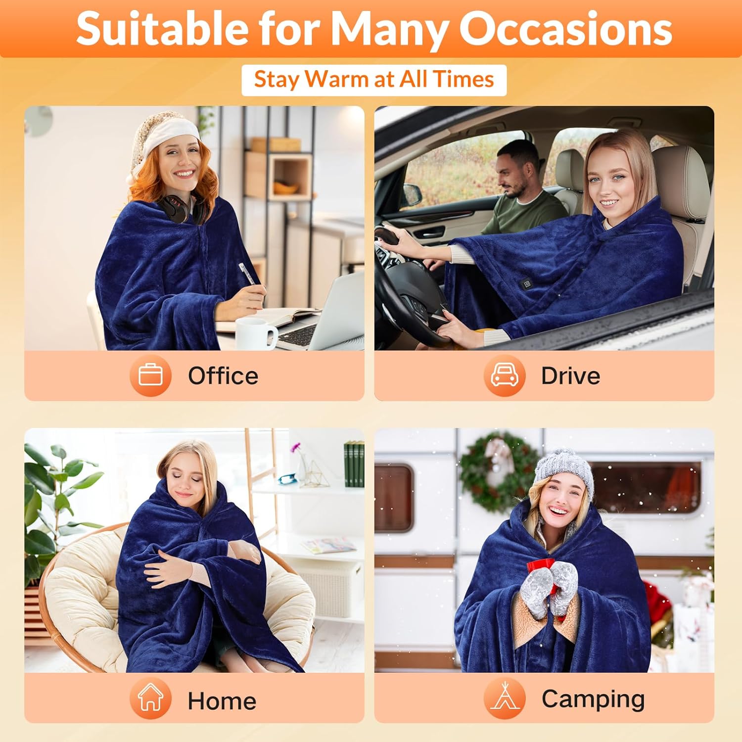 Cordless Heated Shawl with 10000mAh Power Bank - Wearable Heated Blanket with 3 Temperature Settings, Fast Heating, Machine Washable Soft Fleece for Christmas(59"x36",Navy) - Image 5