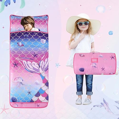 Miniatura 8 de Wowelife Tapete para siesta para niños pequeños con almohada y manta, tapete morado para siesta de sirena para niñas, tapete de siesta preescolar