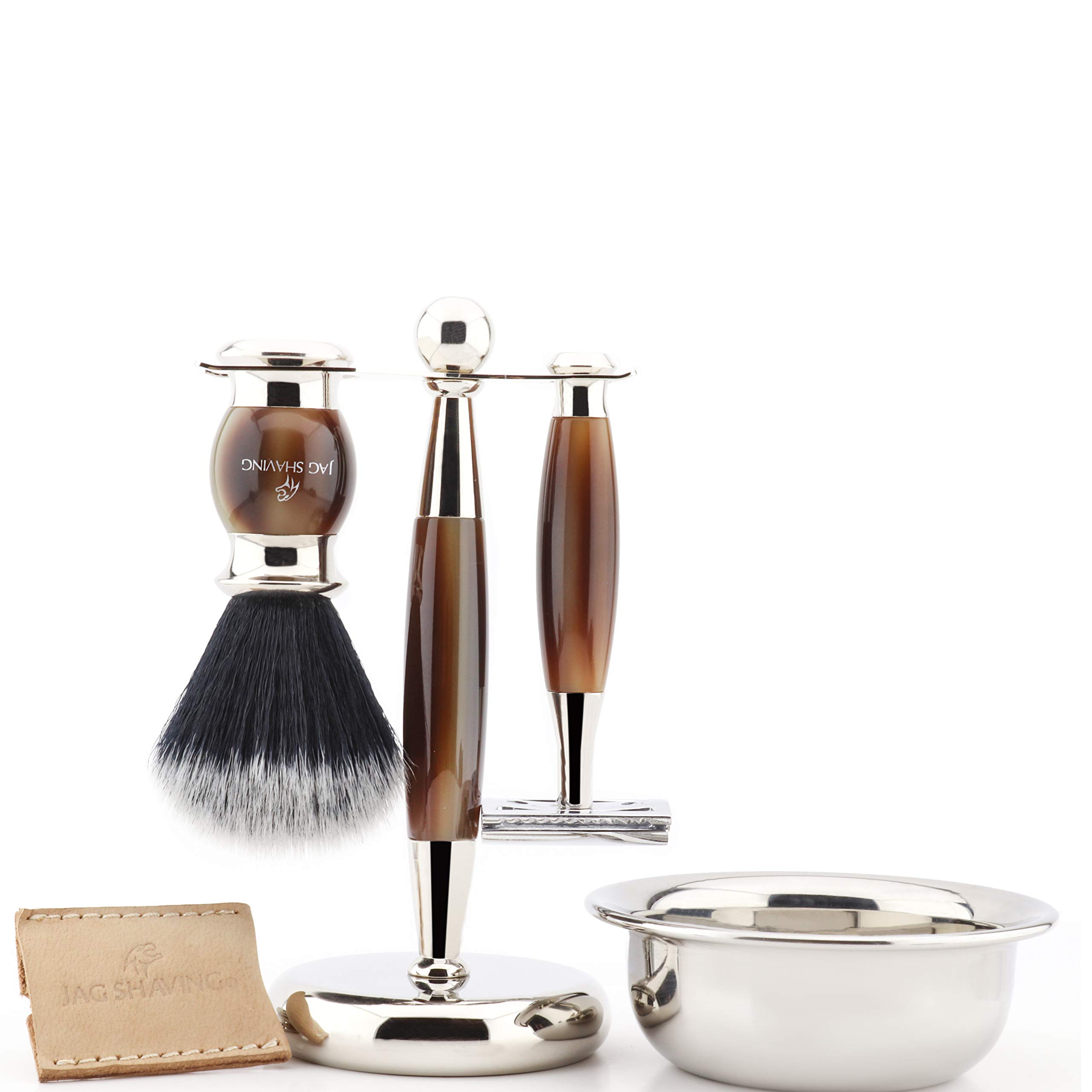 Zestaw do golenia Jag Shaving dla mężczyzn z dwuostrym bezpiecznym sztyletem z etui ze skóry, syntetycznym pędzlem do golenia w kolorze czarnym, miseczką i stojakiem - idealny zestaw dla mężczyzn
