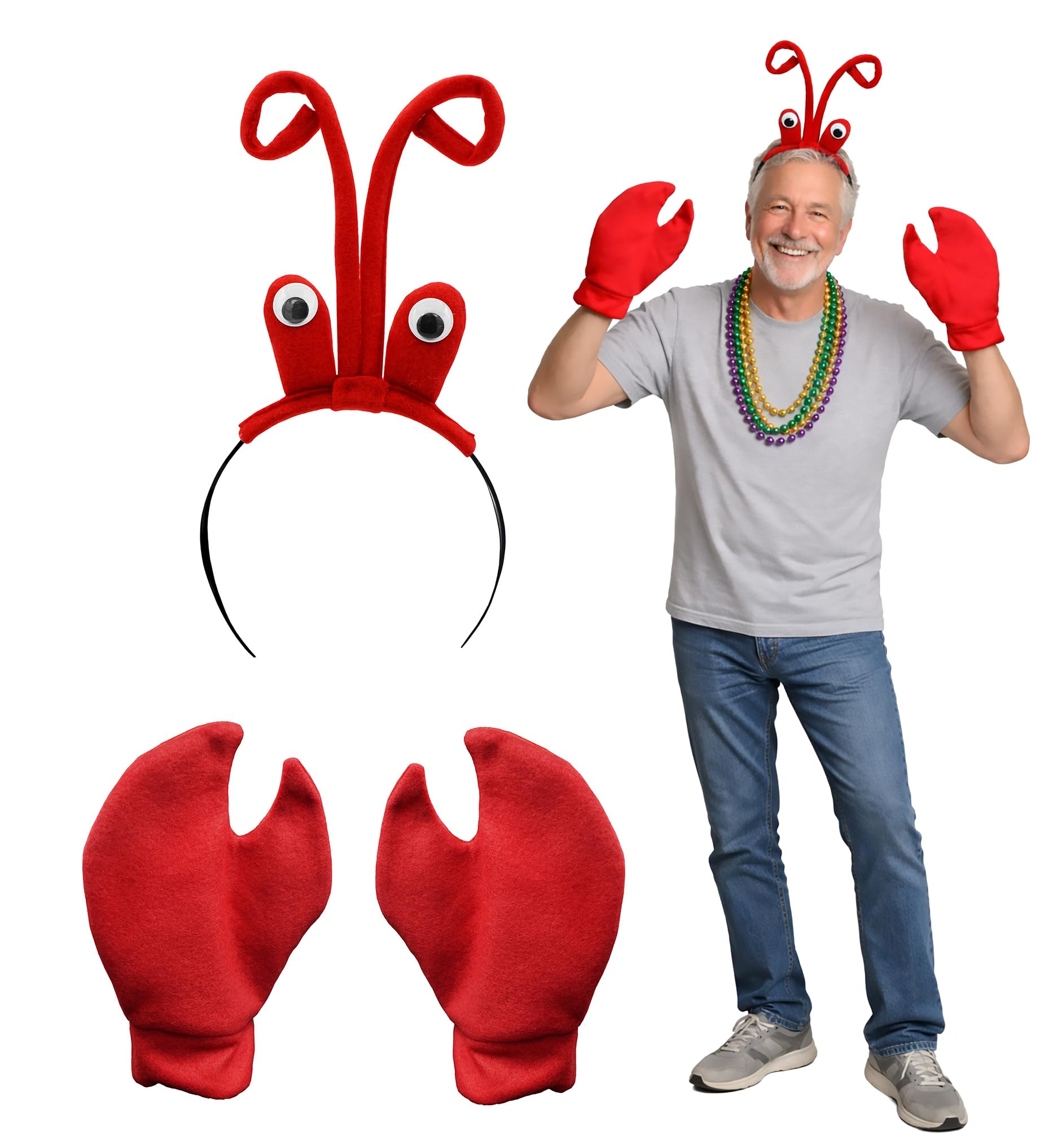 Nicky Bigs Novelties - Lobster Headband with Eyeballs, Adult Crab Costume Women and Men, Crawfish Red Headband and Claws, Crab Gloves Crawfish Hat Lobster, Sea Animal Lobster Costume Adult, One Size