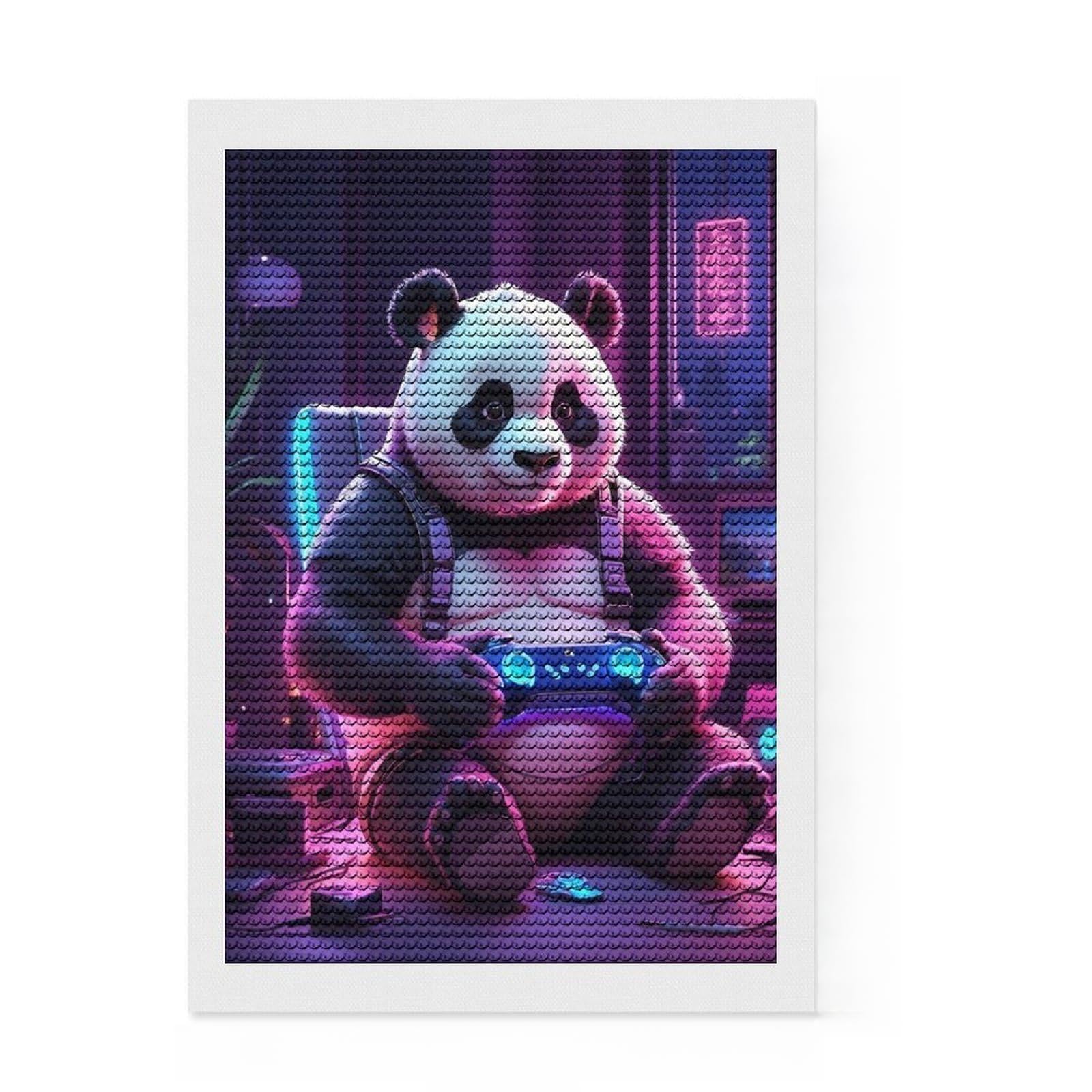 Junmoney Gaming Panda Round Drill Diamond Painting 8"x12", Printed Canvas, Complete Accessories, Bedroom Decor, for Women, Office Decor