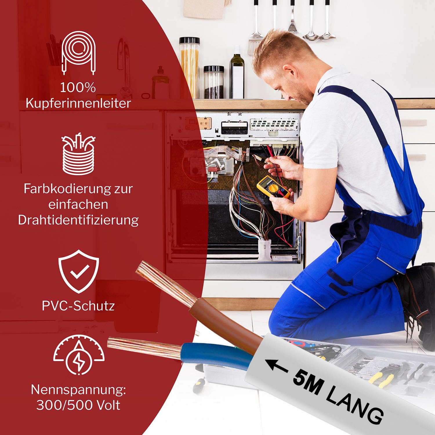 Cavo Flessibile In Plastica, Da 5 A 100 M, H03VV-F 2G0,75, Bianco, 5 M, Filo Elettrico