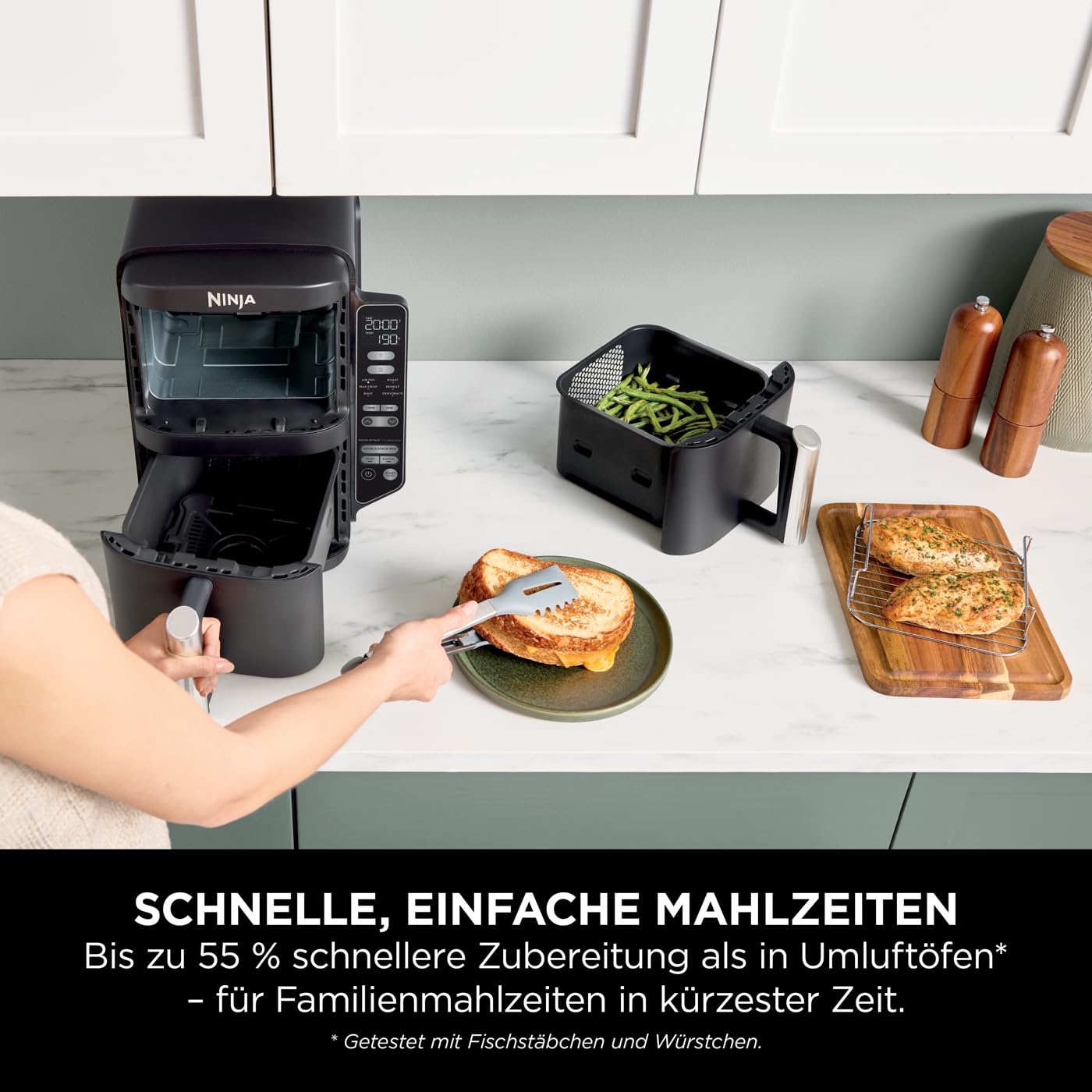 Ninja Double Stack Heißluftfritteuse, 7,6L Digitale Air Fryer Doppelkorb mit 4 Kochstufen, 2 Schubladen, 2 Gestelle, Platzsparendes Design, 6 Kochfunktionen, 6 Portionen, Schwarz SL300EU