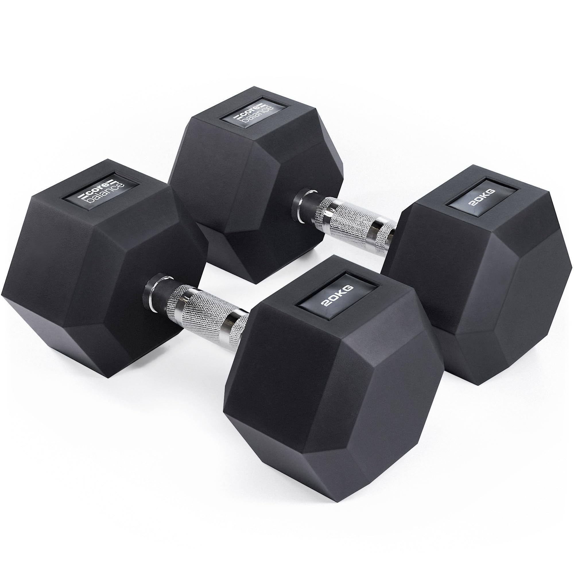 Core Balance Hex Dumbbells Pair – 2 x 20kg, Cast Iron, PVC Coated Anti-Roll Hexagonal Weights, Knurled Non-Slip Handles, Home Gym Fitness, Strength Training, Weight Lifting