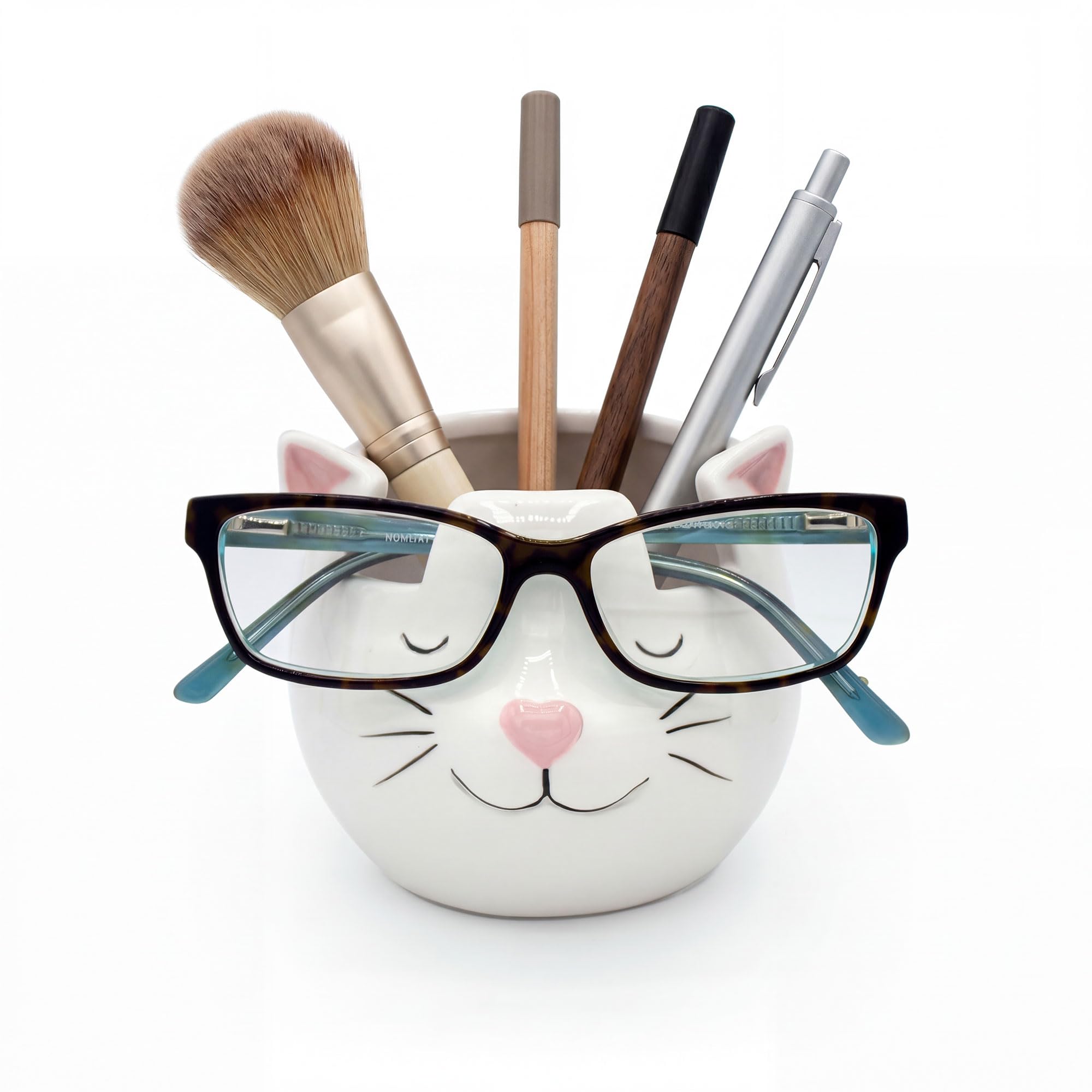 Luvberries - Ceramic Eyeglasses Holder and Desk Organizer Cat Vase, Eyewear and Stationery Organizer, Makeup Essentials Holder, Organizer for School, Home and Office Supplies (White)