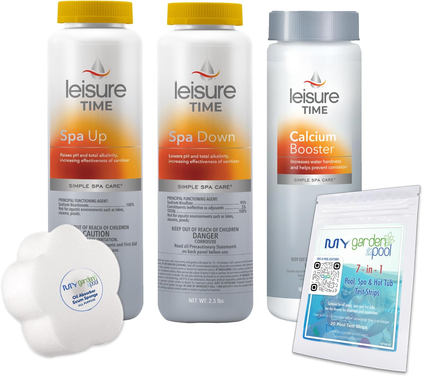 Leisure Time Spa Care Bundle: Spa Up, Spa Down, Calcium Booster with My Garden Pool 20 Ct. Test Strips & Scum Sponge Flower Oil-Absorbing for Hot Tubs and Pools - IQ, Smart Pool AI Assistant!