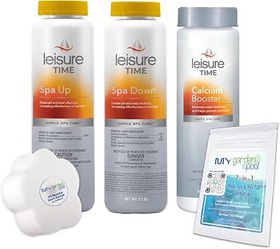 Leisure Time Spa Care Bundle Spa Up, Spa Down, Calcium Booster with My Garden Pool 20 Ct. Test Strips & Scum Sponge Flower Oil-Absorbing for Hot Tubs and Pools - IQ, Smart Pool AI Assistant!