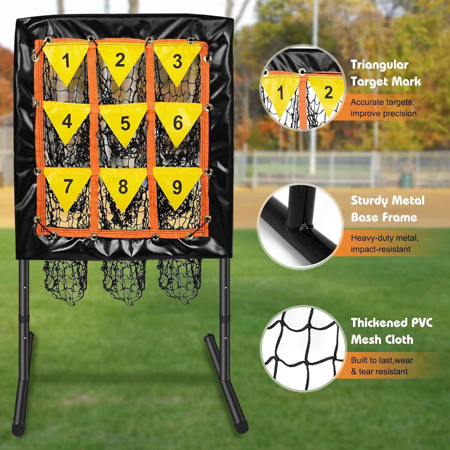 Pitching Net, 9 Hole Baseball Net with Strike Zone, Adjustable Baseball Softball Pitching Net with 9 Pocket Target, Portable Pitcher Practice Equipment for Outdoor Indoor