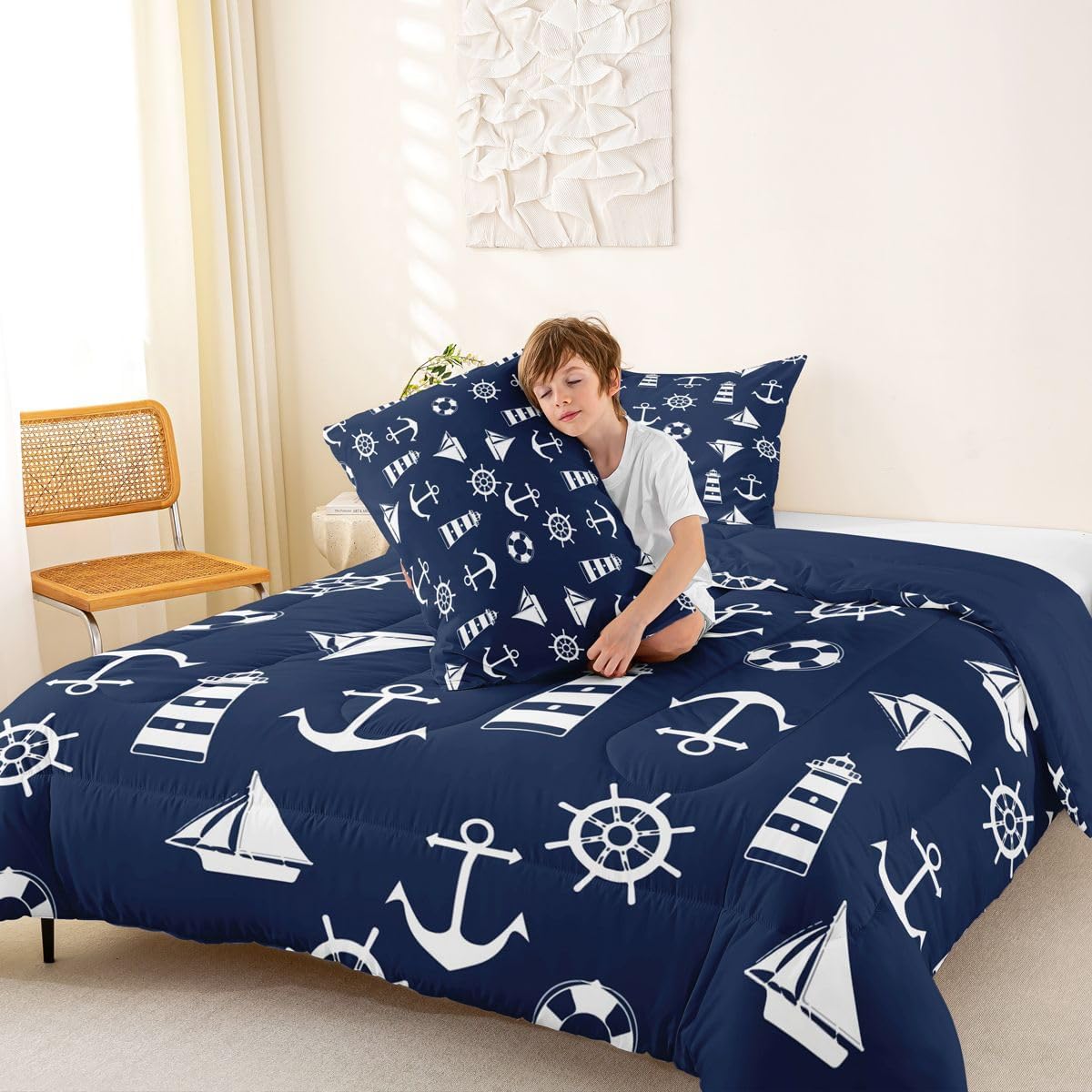 Feelyou Nautical Bedding Set,Kids Boys Girls King Size Sailboat and Anchor Print Comforter Set,Ultra Soft Ships Lighthouse Compass Comforter,Ocean Themed Duvet Quilt,Bedroom Decor Quilt