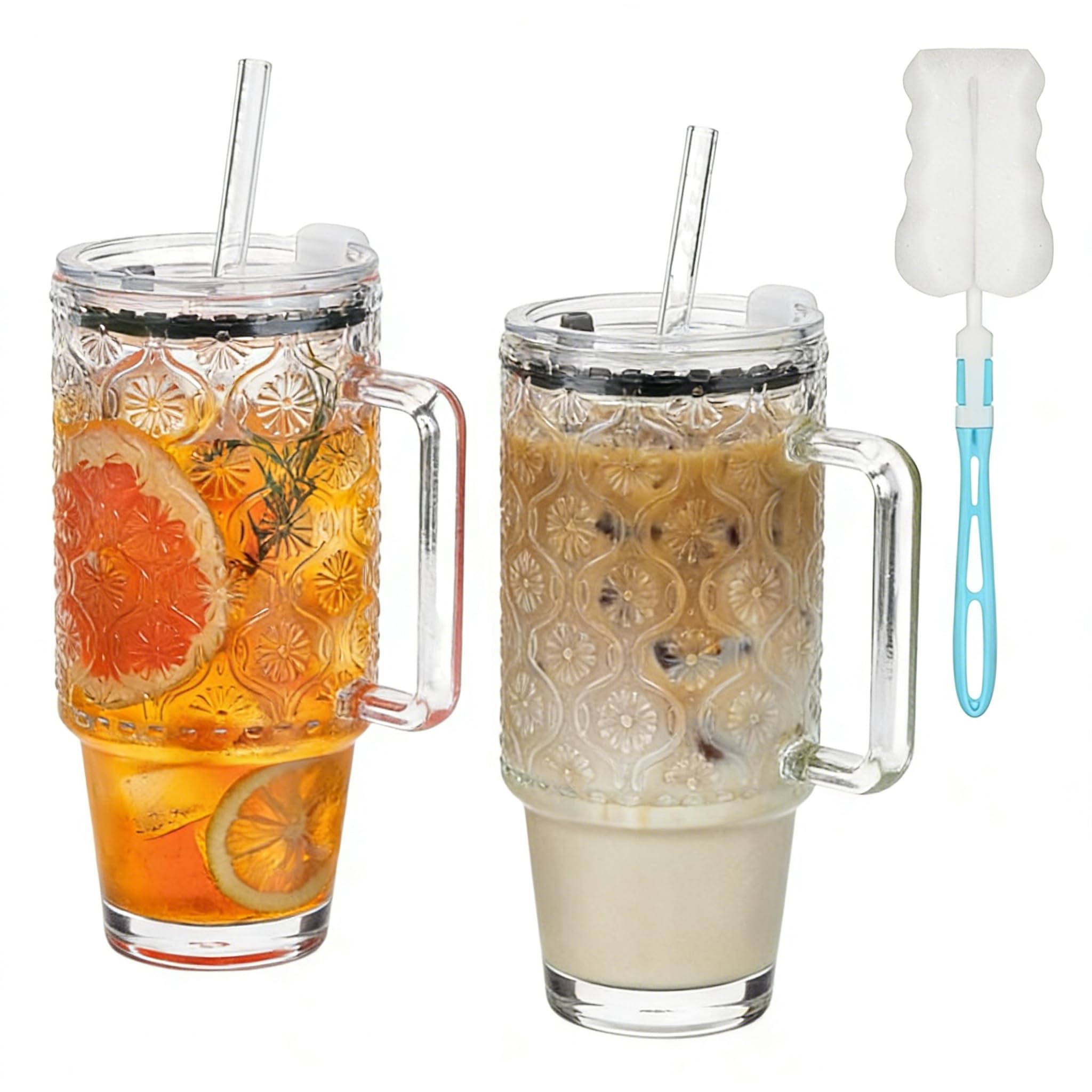 2Pcs 24Oz(730ml) Glass Tumbler with Straw & Lid - Reusable Iced Coffee Cup with Handle & Cup Brush Smoothie Glass Matcha Drinking Cup for Ice Coffee Juice Drink Milk Tea Cocktail Wedding Birthday Gift