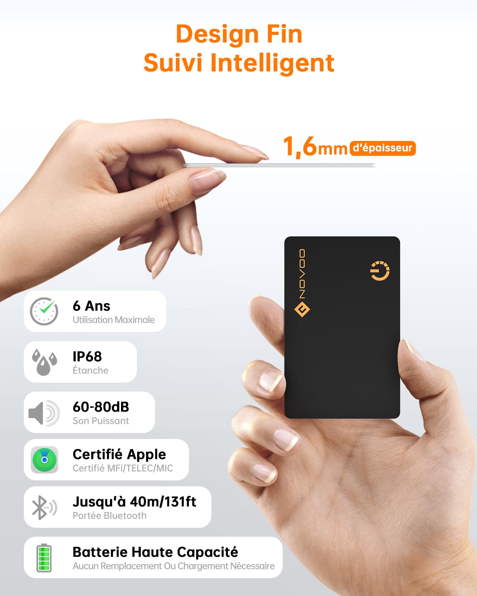 NOVOO Lokalizacja przedmiotów Air Tag 1,6 mm, smukły 6 lat, kompatybilny z aplikacją (tylko iOS), Bluetooth Tracker do portfela, etykiety bagażowej, paszport-BK