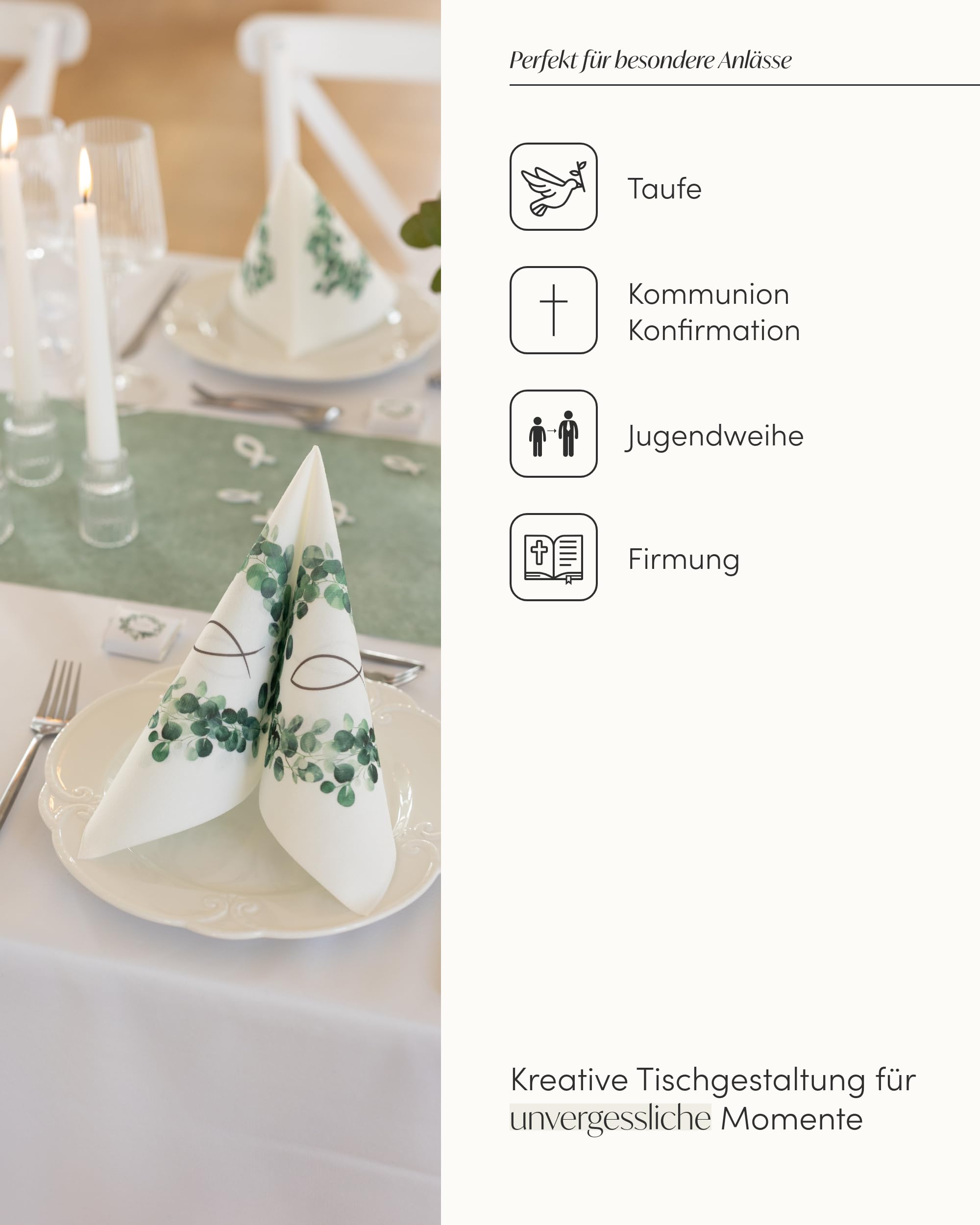 100% Mosel Tischdeko-Set – Eukalyptuskranz & Fisch (25–50 Gäste) – Komplettset für Kommunion & Konfirmation mit Vlies Tischläufer, Airlaid Servietten, Streudeko & Satinband