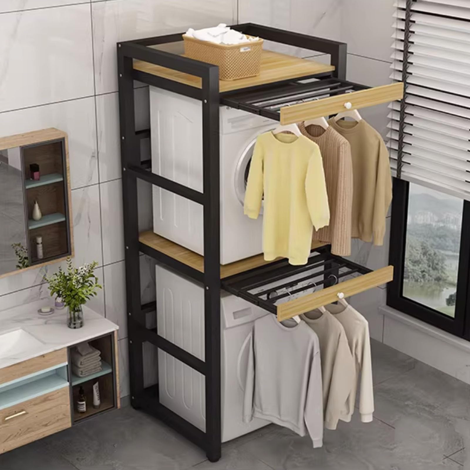 Dwupoziomowa Półka do Przechowywania Nad Pralką, Półka Na Pralkę I Suszarkę z Wieszakiem Na Ubrania, Regał Na Akcesoria do Prania z Blatem(Black+Wood)