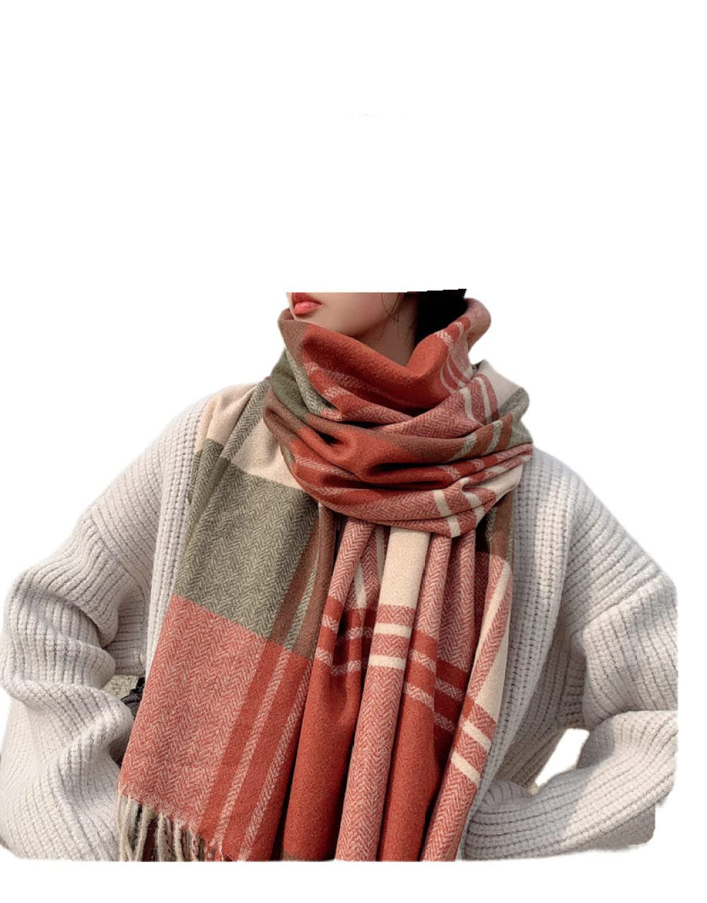 HGJH Strickschal Damen Winterschals Orange Weich Warm Dick Warm Decke Quaste Tartan Kaschmir Gefühl Stil Lang Groß Schal Winterdecke Schal Trendige Stola Schals Für Frauen Mädchen