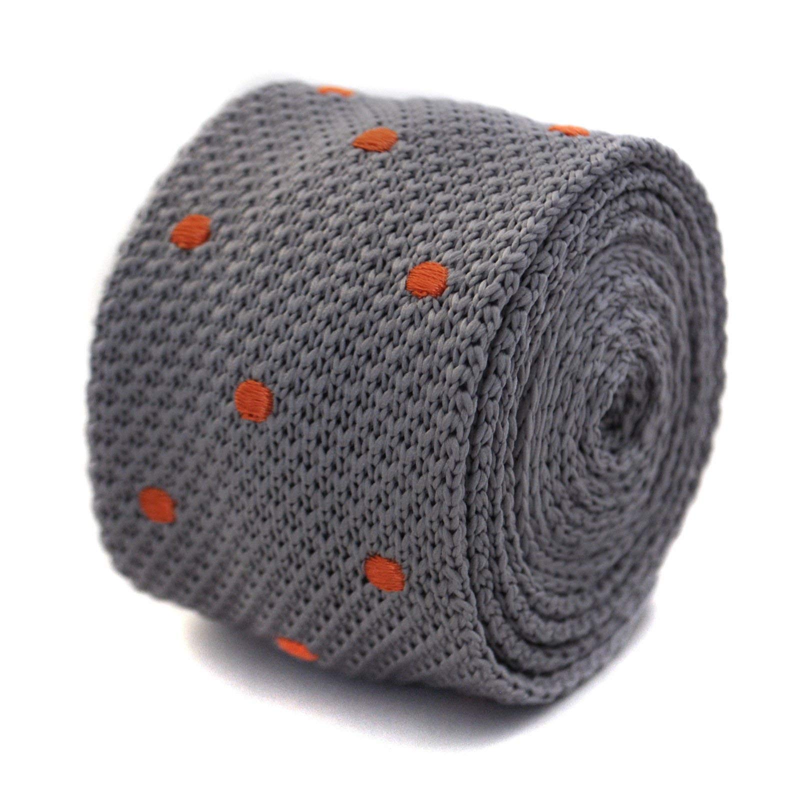 Frederick Thomas Men's Grey Knitted Tie With Orange Spots, 147Cm Length Microfibre Necktie For Formal And Office Wear, Wedding Accessory, Slim 5Cm Width