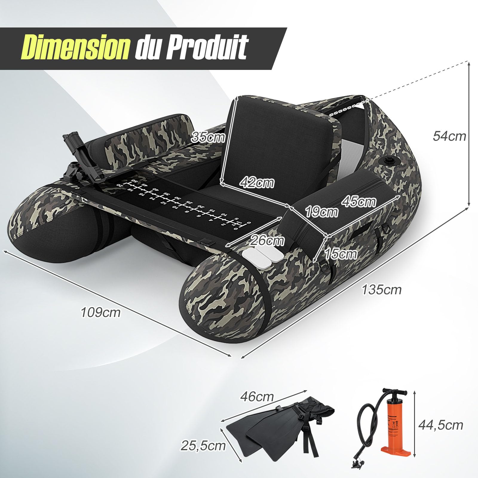 GOPLUS Bateau Pêche Gonflable, Float Tube Tissu Polyester avec Support de Canne Peches, Dossier, Sangles Réglables, Pompe, Règle à Poisson, Poches Rangement, Pagaie, Capacité 150KG