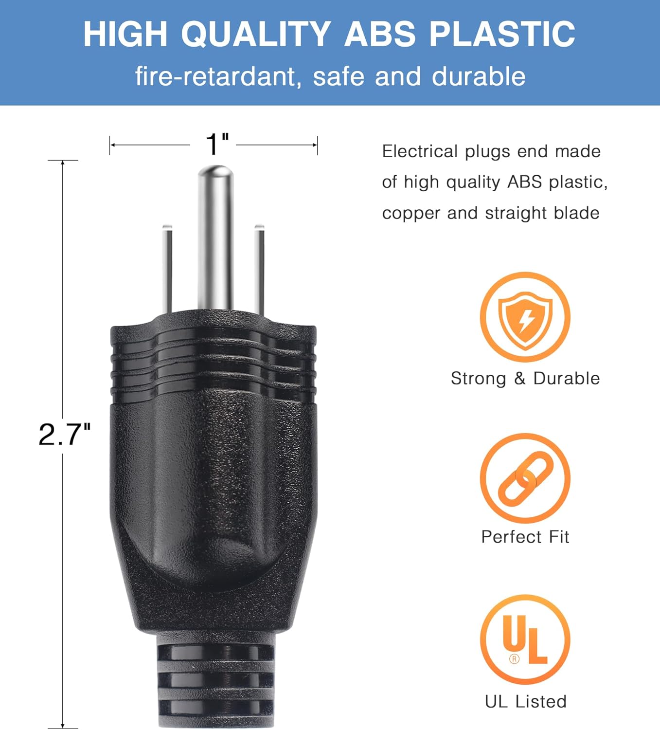 NEMA 5-15P Electrical Replacement Plugs End, Extension Cord Ends 125V 15A 2Pole 3Wire Male Plug，Ground Neutral Generator Plug，3 Prong Power Replacement Type (2)