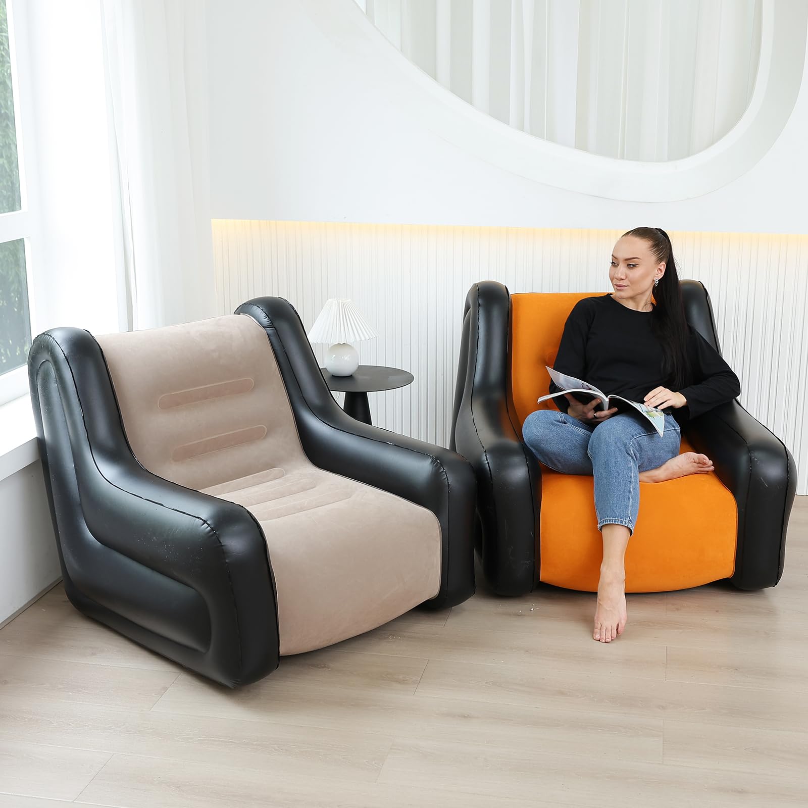 LONEEDY Sofá inflable de dos tonos con reposabrazos, asiento inflable, tumbona para sala de juegos, camping al aire libre, sofá de jardín, tela de felpa suave para adultos y niños (caqui)