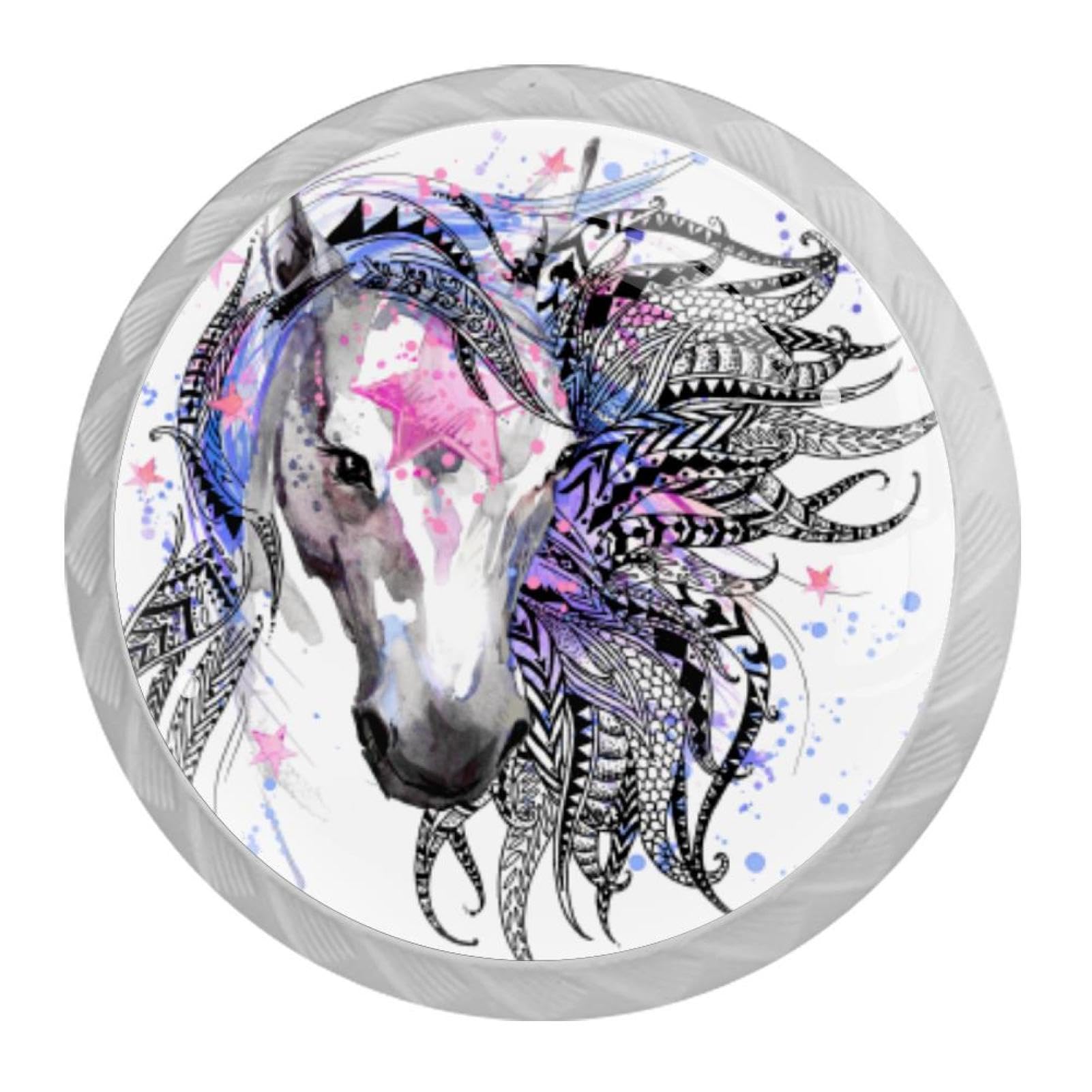 Tqmspg 4 Pieces Drawer Pulls Watercolor Horse Door Knobs Dresser Handles for Kitchen Wardrobe Cupboard Hardware Furniture