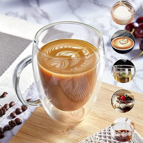Miniatura 6 de 8 tazas lnsuladas de doble pared de vidrio con leche, vasos de café apilables de vidrio (12 oz3 onzas), taza con aislamiento térmico transparente