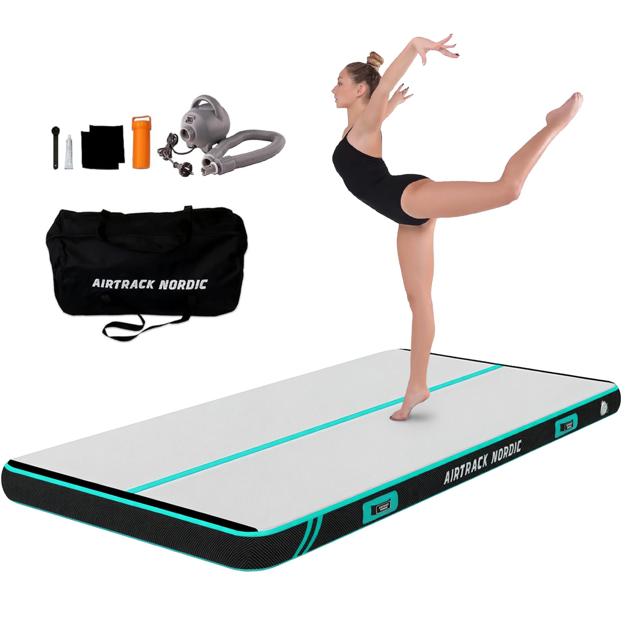 AirTrack Nordic Carbon Air Track 3m/4m/5m/6m/8m avec pompe à air électrique, Tapis de gym gonflable - 1,5 m de large et 15 cm d'épaisseur – Durable et facile à transporter Tapis de gymnastique