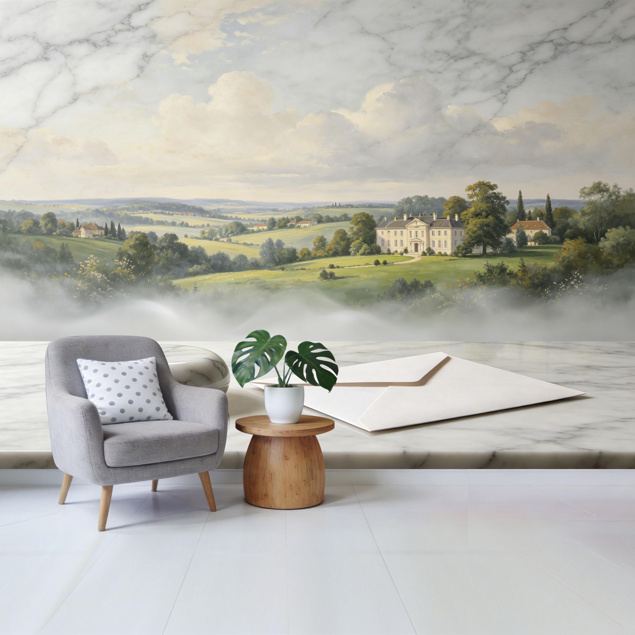 Qzlithotic Yq2605251113 Custom Size Wall Mural Pastoral Landscape Oil Painting Manor House Rolling Hills Scenic View Selfadhesive Wall Fabric Removable Wallpaper For Home Office Decor