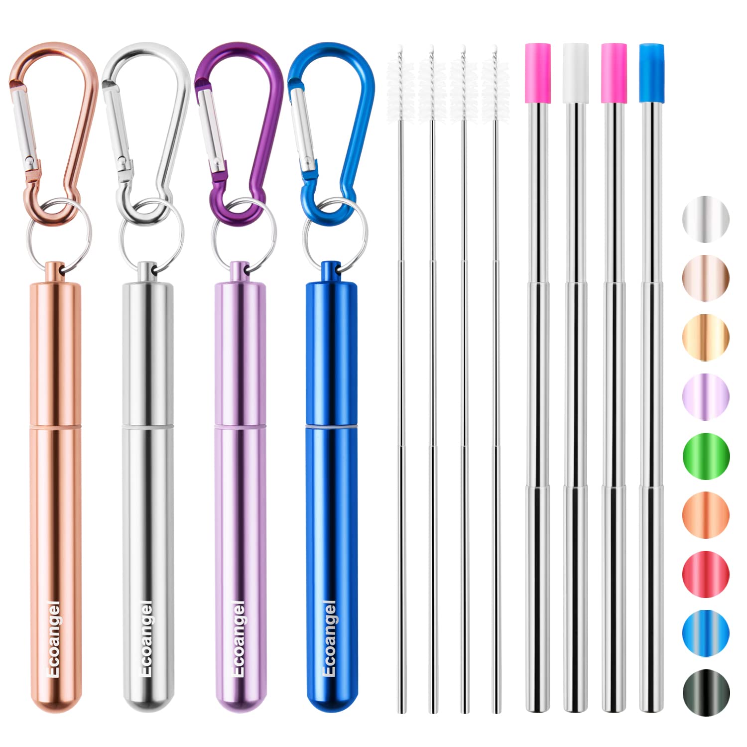 Ecoangel Cruise Ship Essentials,4-Pack reusable Collapsible Stainless Steel Drinking Straws with Aluminum Case,Cleaning Brush,and Keychains (Silver&rose gold&blue&purple)