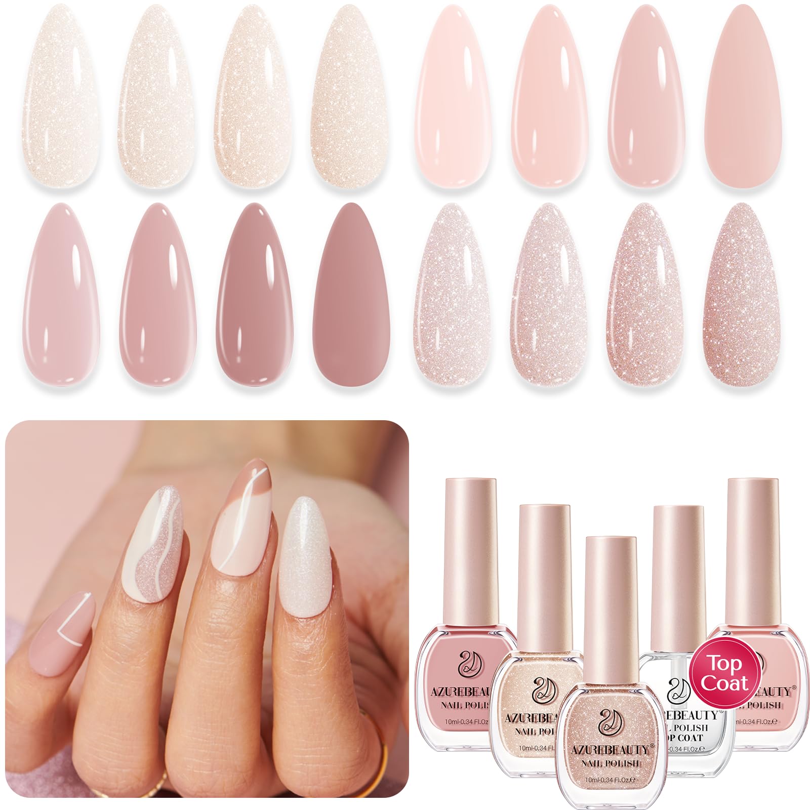 AZUREBEAUTY Nail Polish Set, 4 Colors Nude SKin Glitter Pearl Long Lasting All Season Quick Dry Natural Fingernail Lacquer Strengthening Treatment Kit 10ML with Top Coat DIY Salon at Home