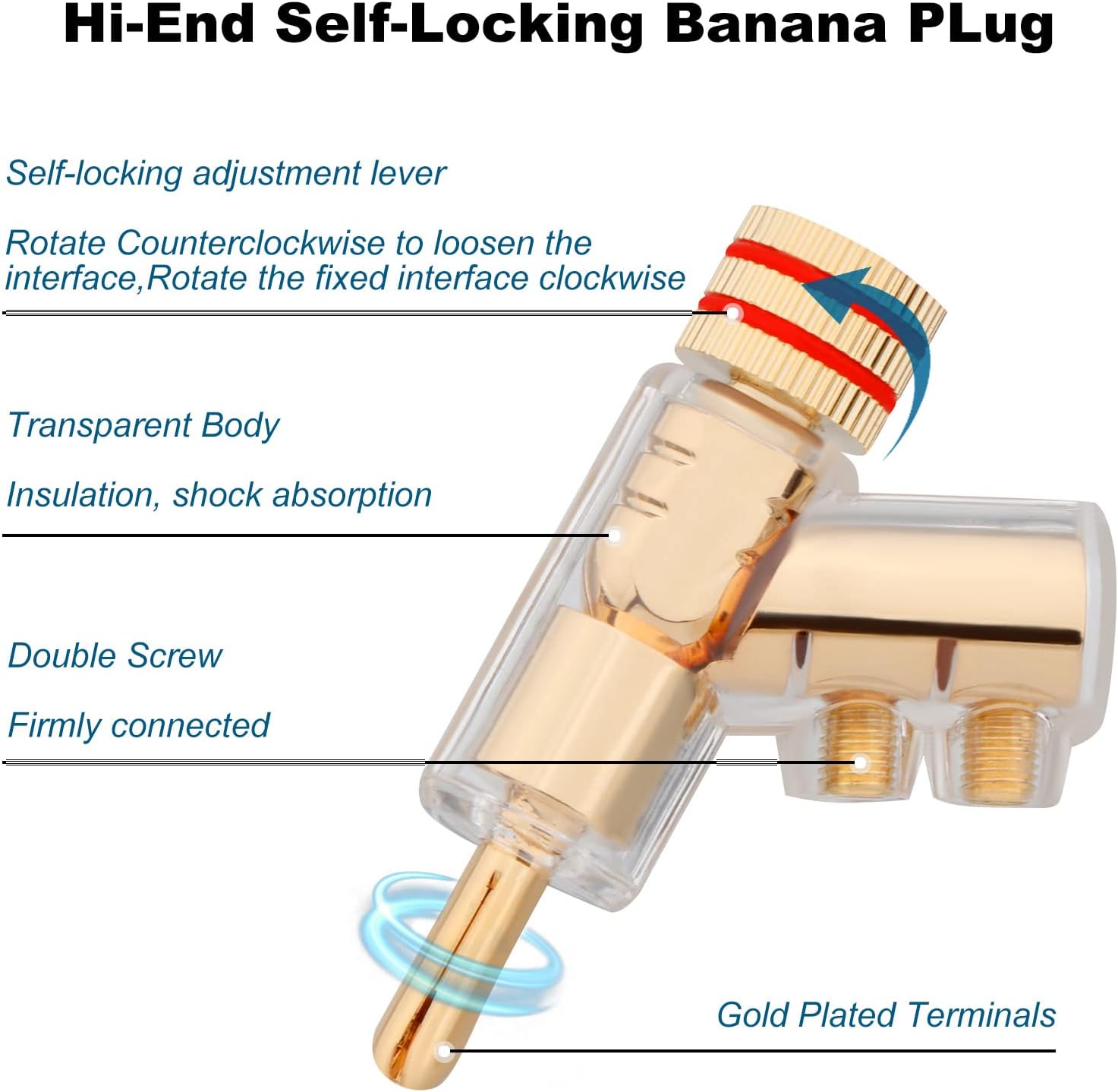 Monosaudio Locking Banana Plugs 8Pcs 45 Degree Banana Connector Double Screw Speaker Plug for 8-15 Guage Speaker Wire,Audio/Video Receiver,Sound Systems with L-Form Hex Wrench(24K Gold Plated)