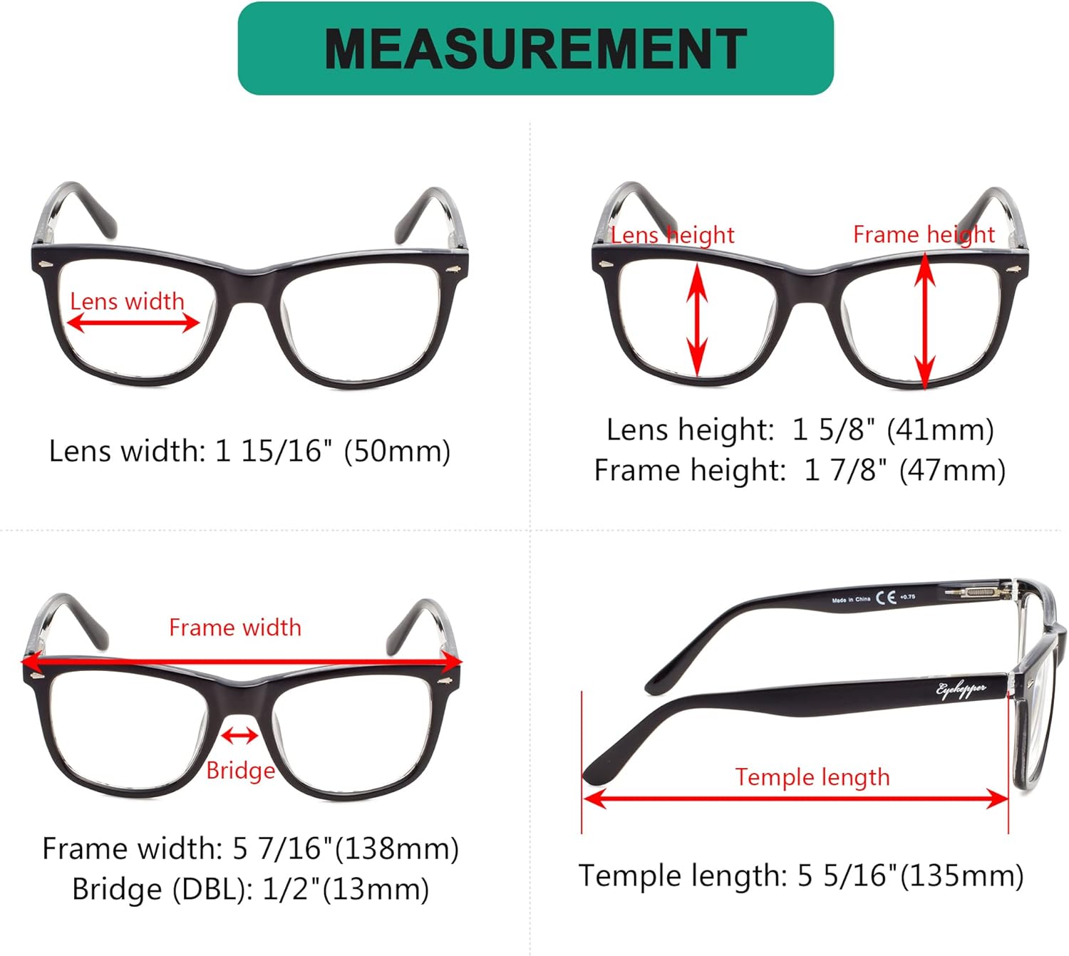 Eyekepper 4-Pack Readers Square Large Lenses Spring-Hinges Reading Glasses for Men Women +0.75