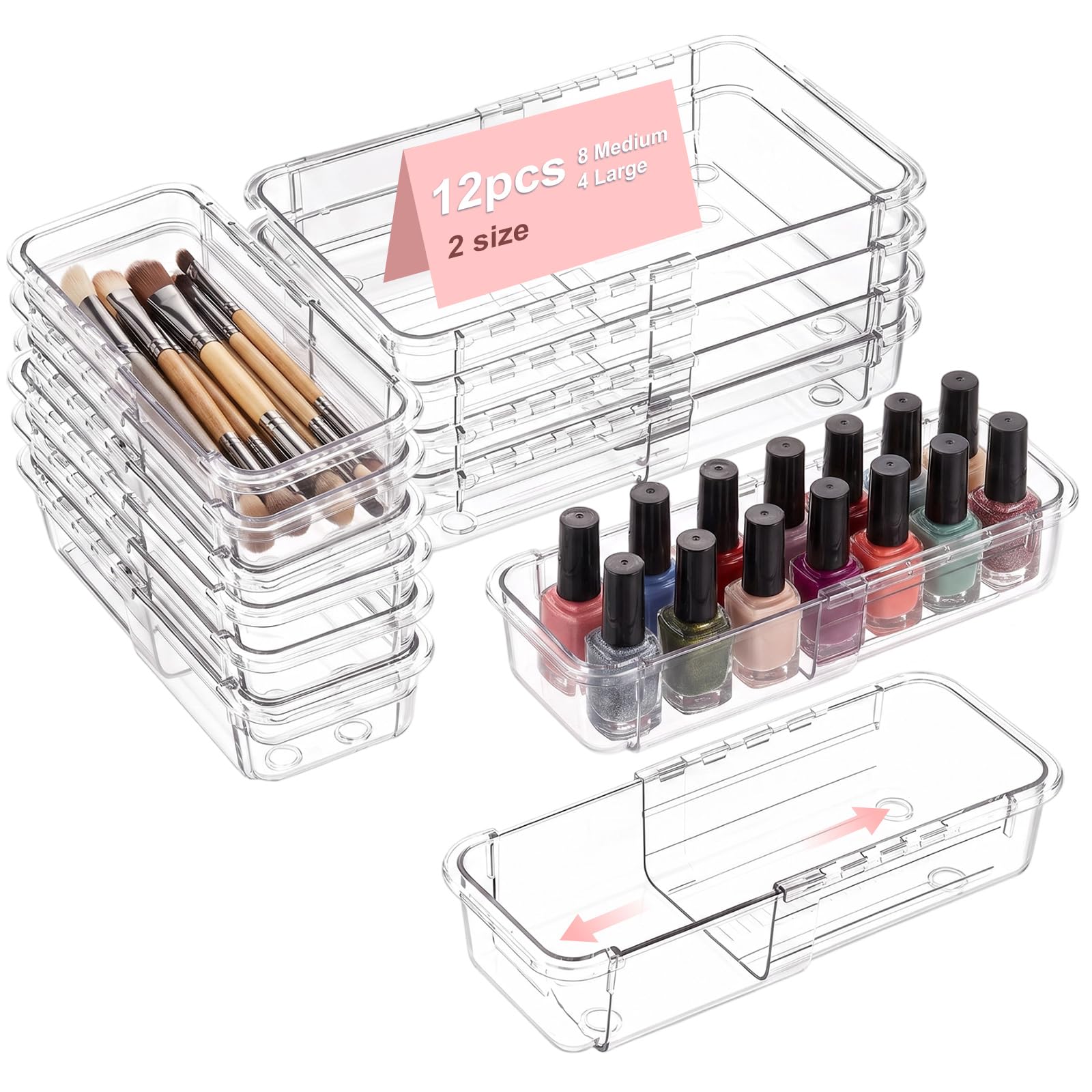 Lot de 12 organiseurs de tiroirs transparents réglables, boîtes de rangement empilables à 2 tailles, bacs de rangement PS pour couverts, coiffeuse de maquillage, salle de bain, bureau, chambre à