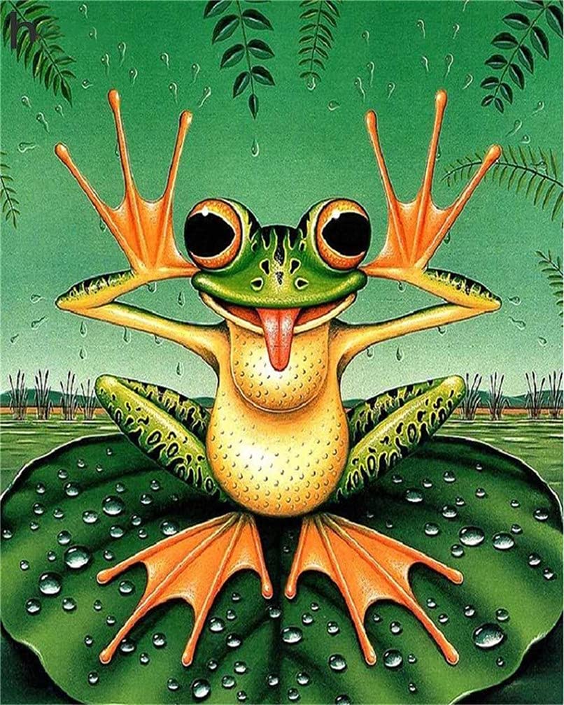 Amiiba DIY Paint by Numbers Kits, Rainy Day Lotus Leaf Animal Frog Raindrops 16x20 inch Acrylic Painting by Number Wall Art Crafts (Frog, Without Frame)
