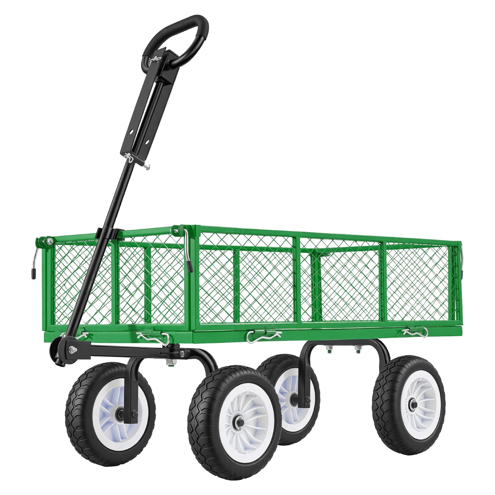 VEVOR Chariot de Jardin en Acier Max. 408,2 kg Chariot de Transport de Jardin pour Bois Terre Débris, Côtés Amovibles, Pneus PU Increvables 25,4 cm, Poignée Réglable, Compatible Quad Tracteur, Vert