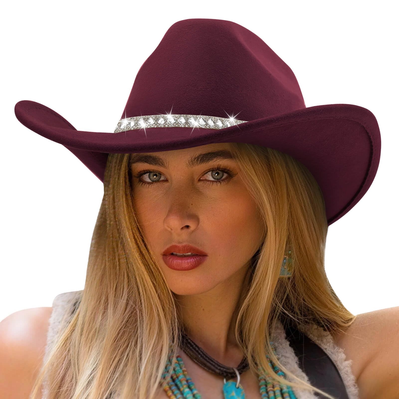 DRESHOW Western Cowboy Hat for Women and Men Wide Brim Glitter Cowboy Cowgirl Hats with Rhinestone Felt Fedora Unisex Rolled up Caps