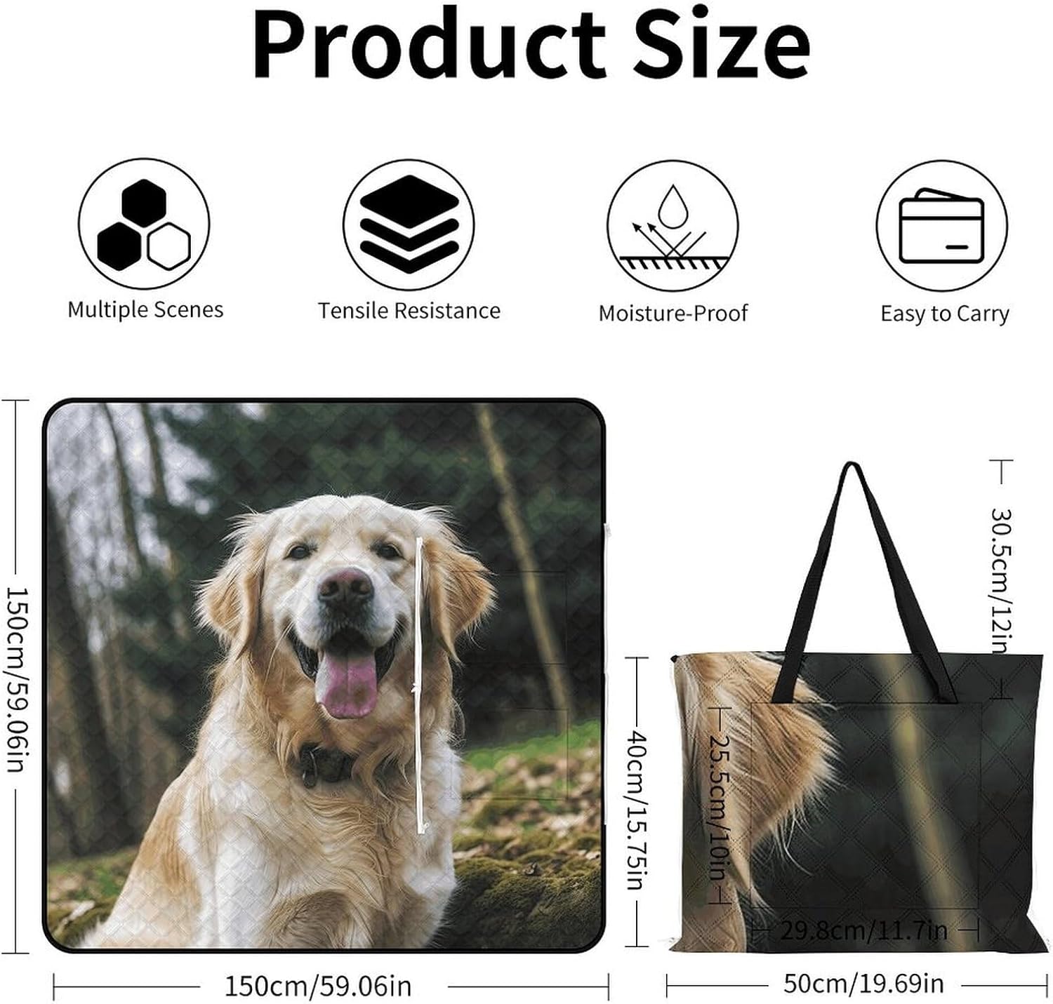 Funny Golden Retriever Picnic Blanket with Zipper Water Resistant Sand Free Picnic Mat Washable Foldable Easy Carry Beach Blanket for Lawn Beach Hiking Camping