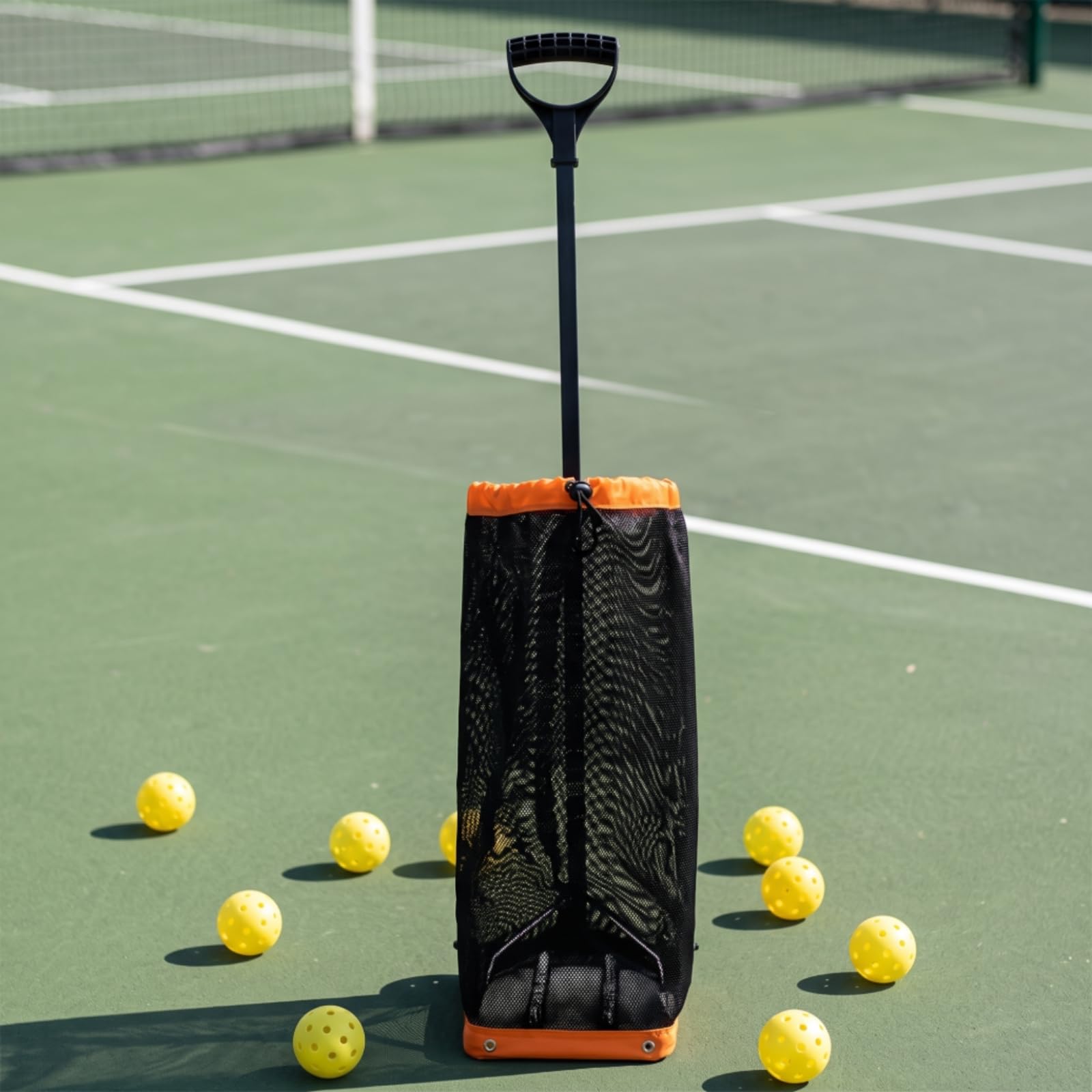 Milageto Raccoglitore di Palline con Cesto a Rete Portatile Raccoglitore di Palline Ergonomico Cesto con Manico Lungo per Giocatori, Campo da Tennis
