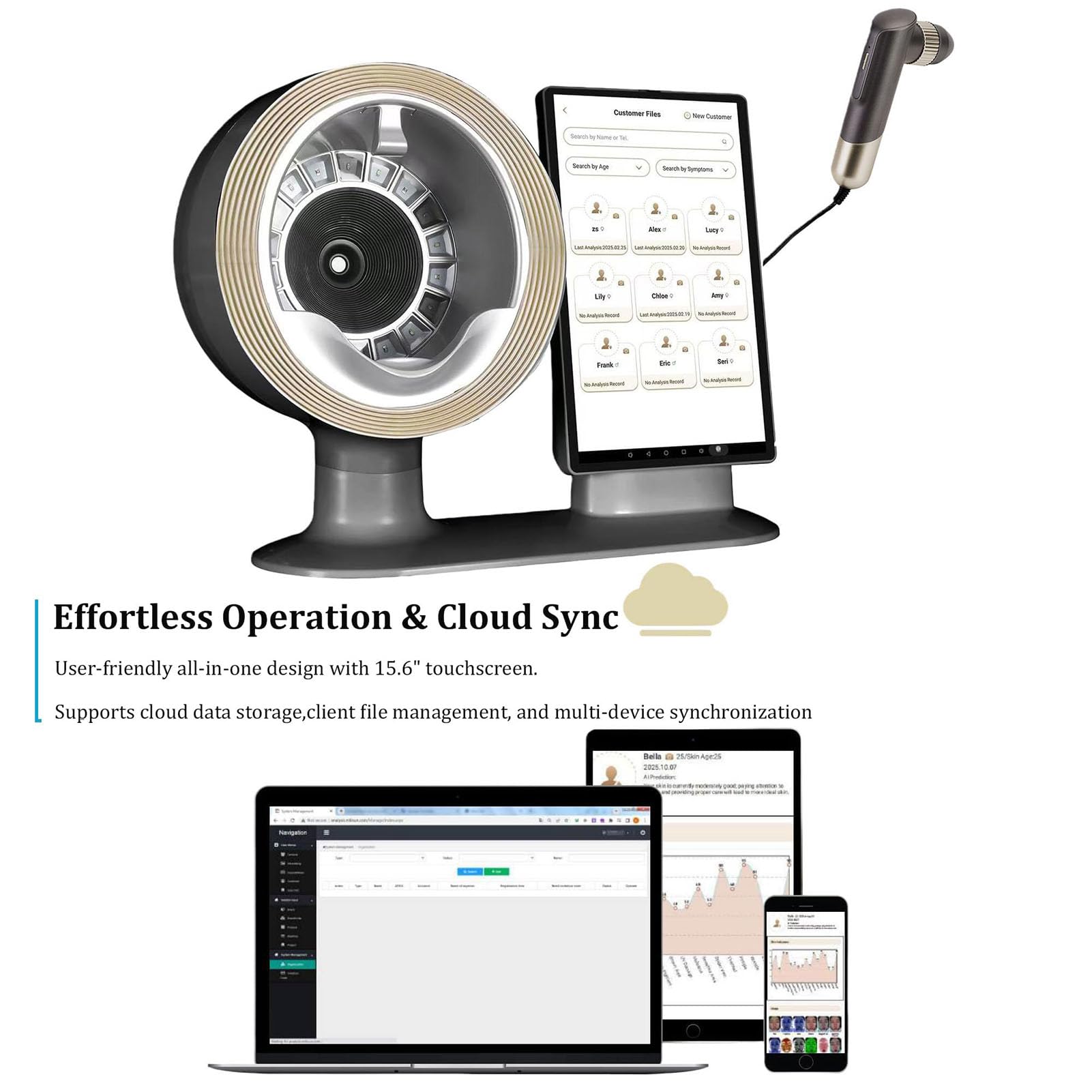 Gesichtsanalyse-Instrument | AI Smart Gesichtshaut Analysegerät | 10 Spektrumanalyse | 20 Megapixel | inklusive Gegenlichtblende | 18 Testartikel | Hautsymptomvorhersage