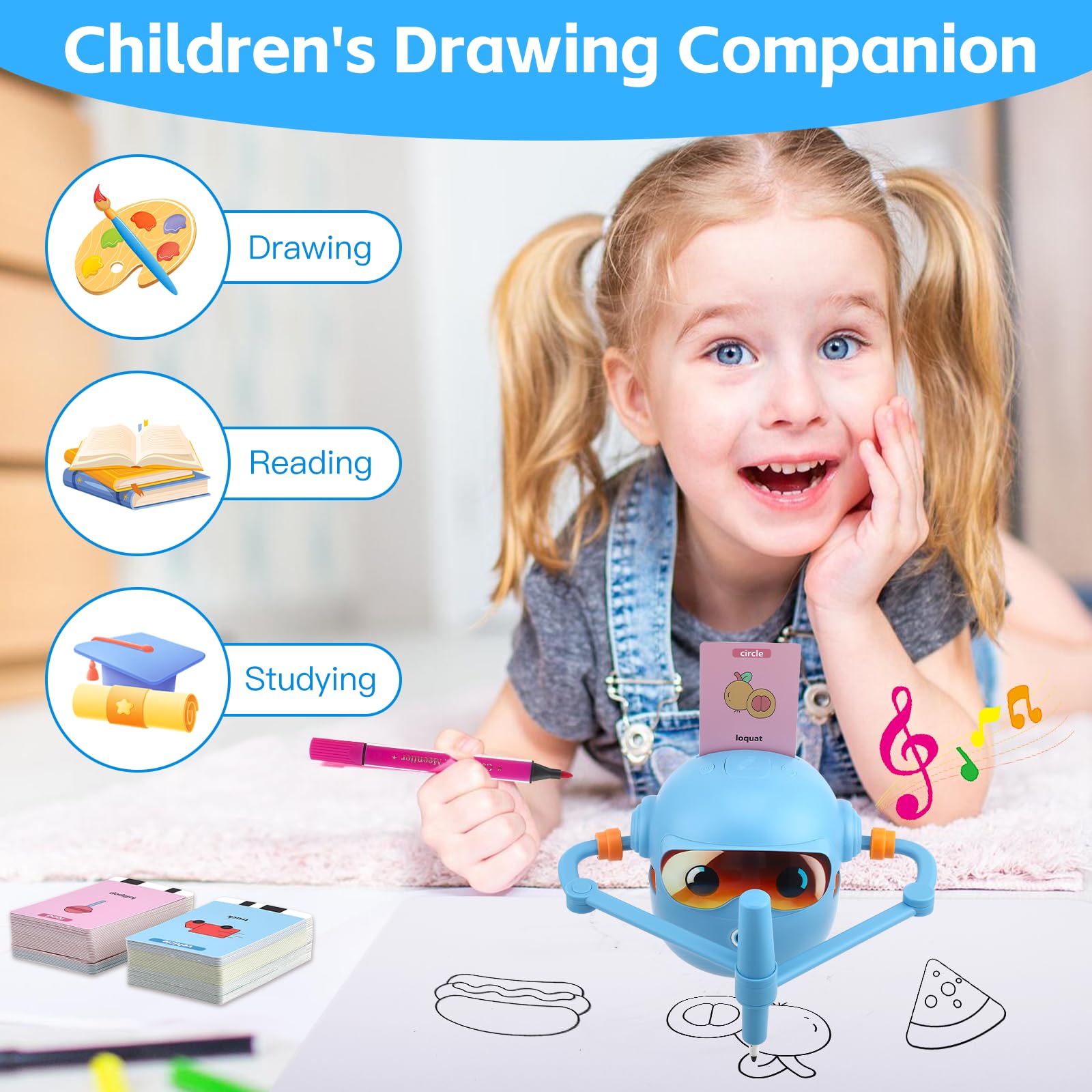 Robot da Disegno per Bambini con Guida Vocale, Giocattolo Educativo Interattivo con 100 Carte e 12 Pennarelli Colorati, Robottino Giocattolo Educativo per Precoce per Bambino Bambina dai 3 Anni(Blu)