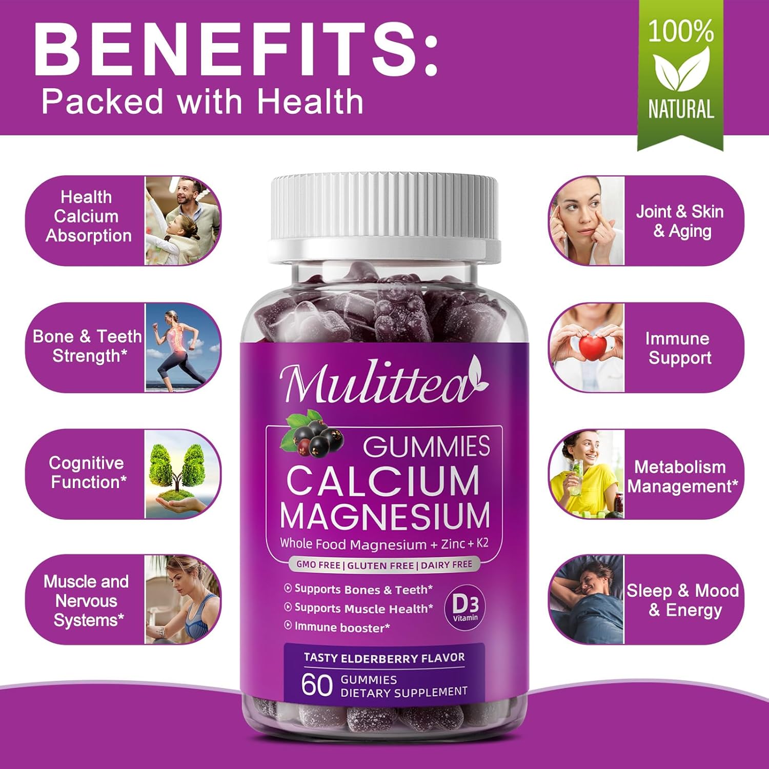 Plant Based Calcium Supplement with Vitamin D3,K2 Gummy for Bone Strength, Contains Whole Food Natural Minerals-Bone Health, Calm Mood & Sleep Support for Women & Men (2 Pack)