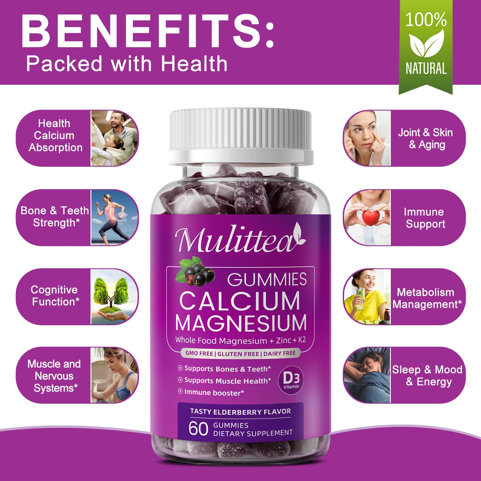 Plant Based Calcium Supplement with Vitamin D3,K2 Gummy for Bone Strength, Contains Whole Food Natural Minerals-Bone Health, Calm Mood & Sleep Support for Women & Men (2 Pack) — Amazon image 4