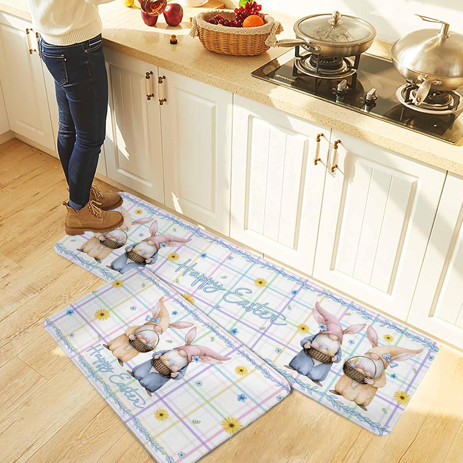 Watercolor Easter Kitchen Rugs and Mats Set of 2, Non-Slip Kitchen Sink Mat, Cute Gnomes Eggs Flowers Colorful Grid Washable Doormat Bathroom Rugs Runner for Bedroom/Living Room 17.7"x30"+17.7"x59"