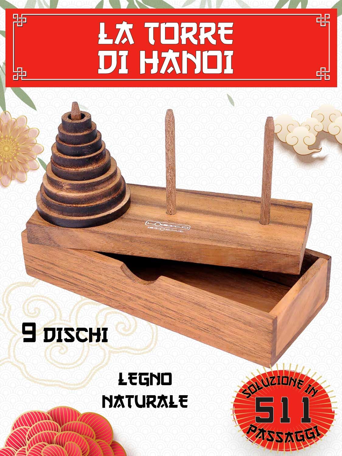 LOGICA GIOCHI Art. Torre di Hanoi 9 Dischi - Rompicapo in Legno Sequenziale - Difficoltà Miste - Scatola Richiudibile