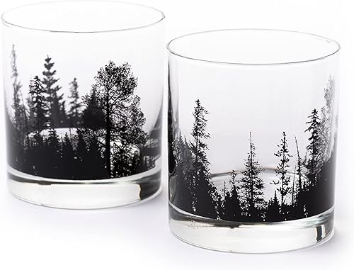 Vista 4 de Black Lantern Single Whiskey Glass - Forest Landscape- 11oz. Low Baller Tumbler Solid Base - Bourbon Glass - Cocktail & Everyday Use Drinking