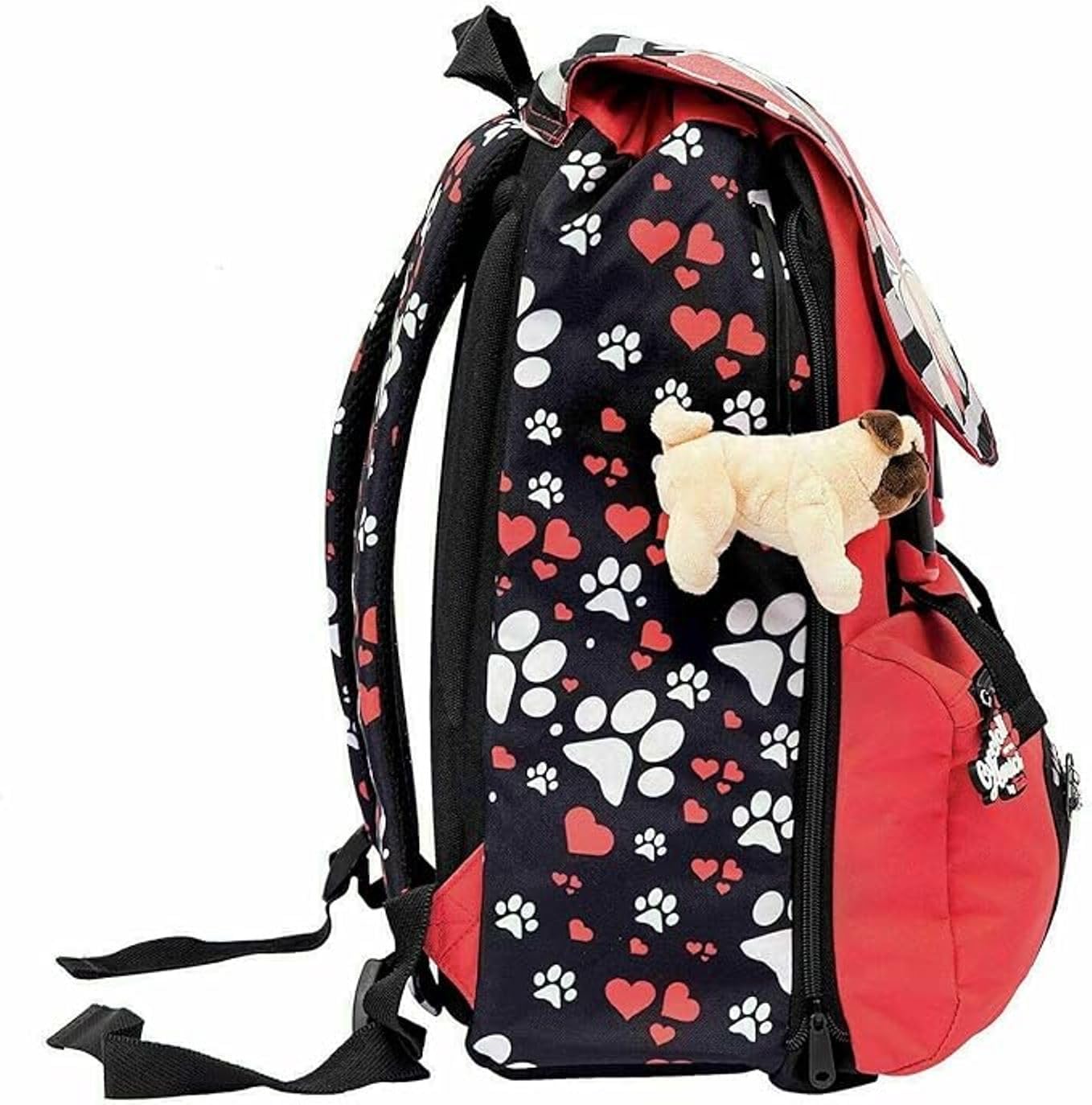 PRESTIGE & DELUXE Schulrucksack Welpen suchen Freunde Hund erweiterbar für Grundschule Kinder und Jugendliche + Federmäppchen 3 Fächer komplett + 7 Stifte und Schlüsselanhänger Pailletten, mehrfarbig,