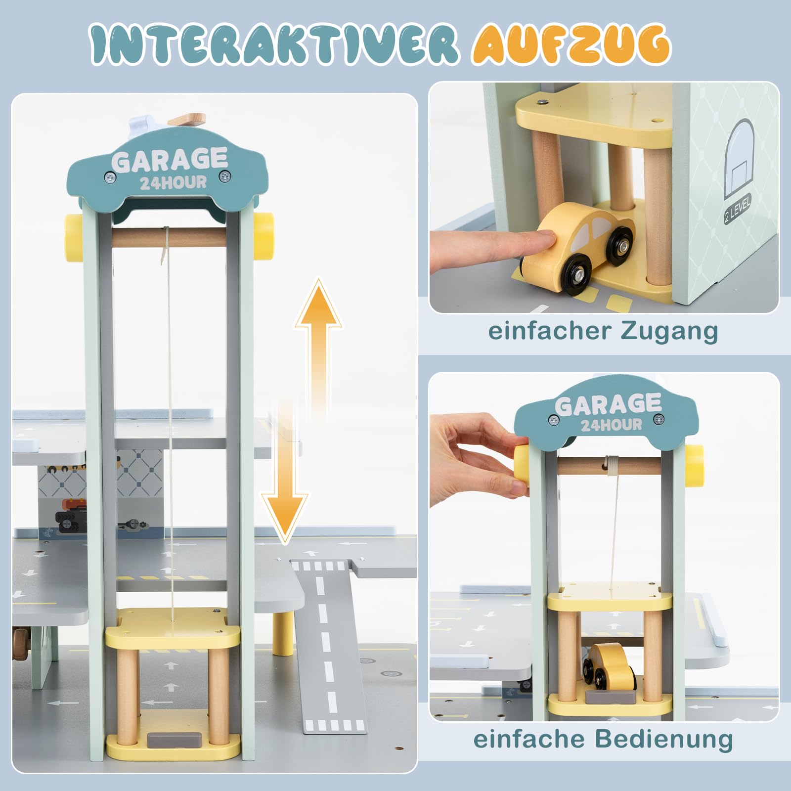 DREAMADE Kinderparkhaus aus Holz, Parkgarage für Kinder mit 4 Autos & 1 Hubschrauber, 3-stöckige Parkgarage mit Aufzug, Autowaschanlage und Tankstelle, Parkhaus für Kinder ab 3 Jahren