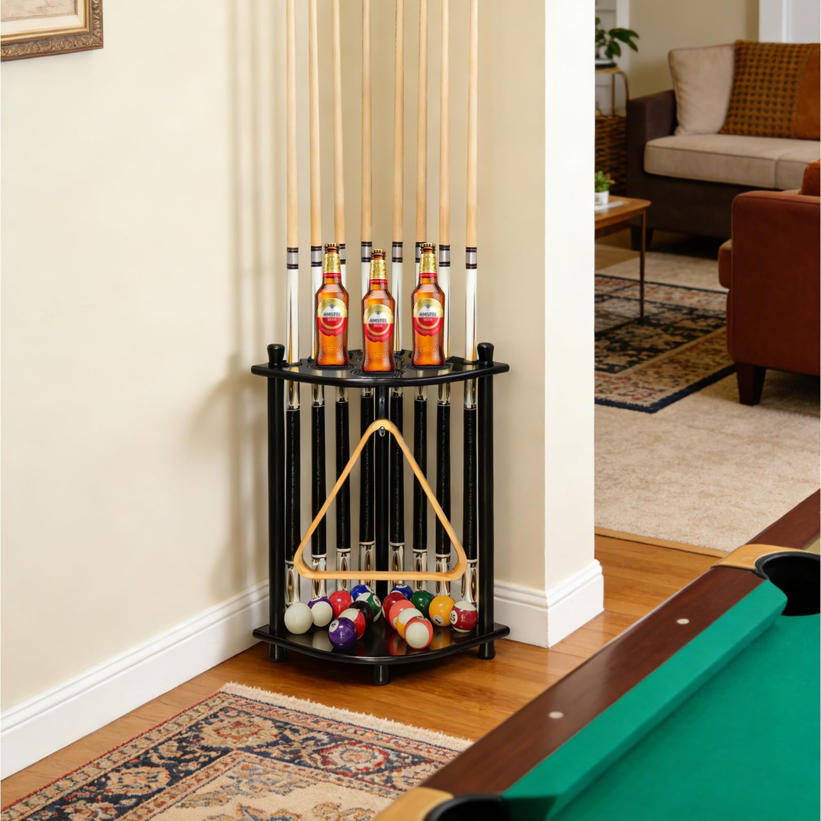 Support de sol pour quilles de billard avec 16 supports de balles de billard en bois massif pour 8 queues de billard, support d'angle pour salle de jeux, club, accessoires de table de billard (noir)