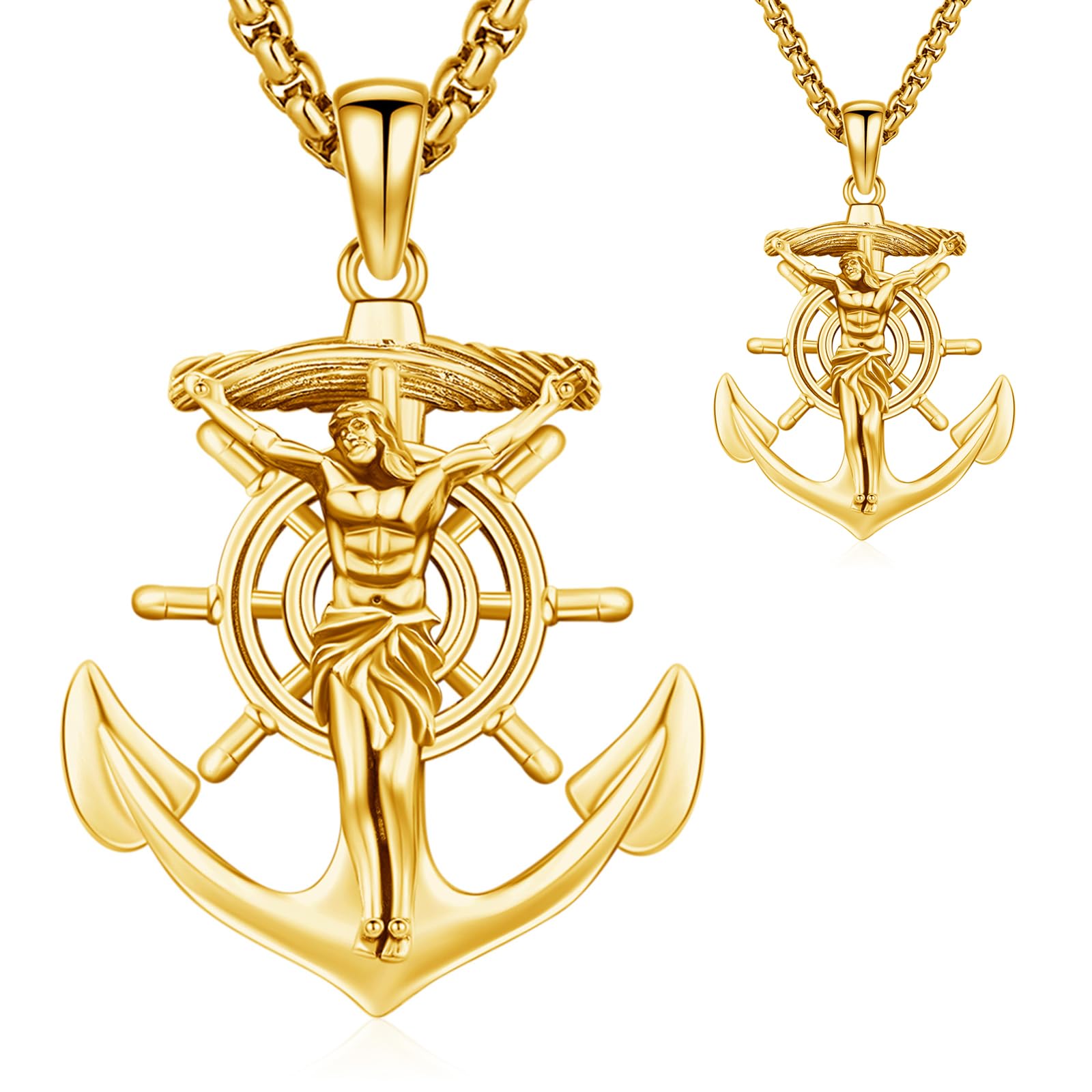 Thanches Anchor Jesus Cross Pendant Necklace for Men Women, 925 Sterling Silver Patron Jesus Medal Pendant Amulet Religious Protection Jewelry Gifts