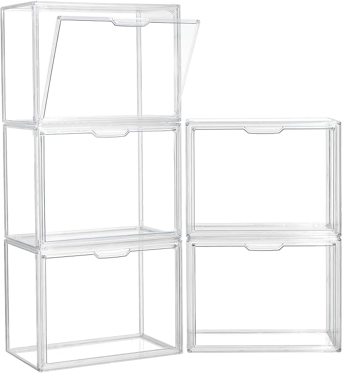 Clear Storage Bins with Lids, 5 Pack Acrylic Display Case with Magnetic Door for Cosmetic Collectibles Large Figures Models, Stackable Acrylic Storage Box for Home Office Living Room Dorm